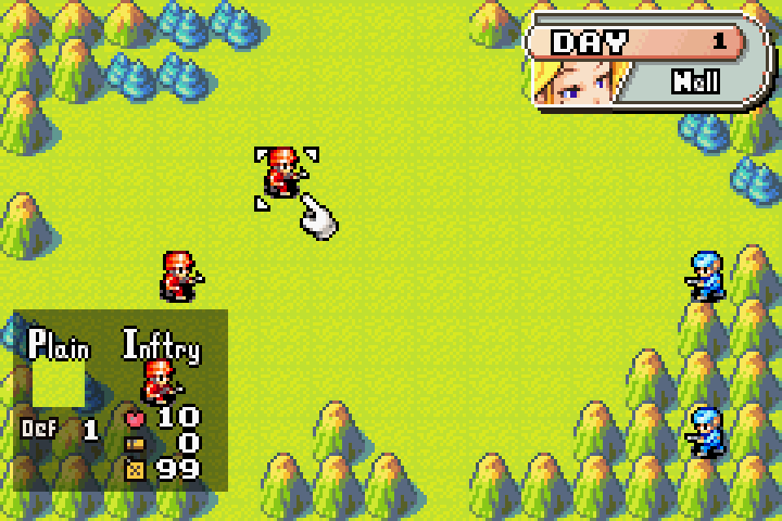 Unit selected after pressing A, movement range tiles appear highlighted