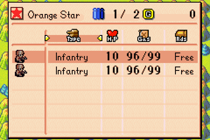 Unit overview screen listing all deployed units with their HP, ammo, and fuel status