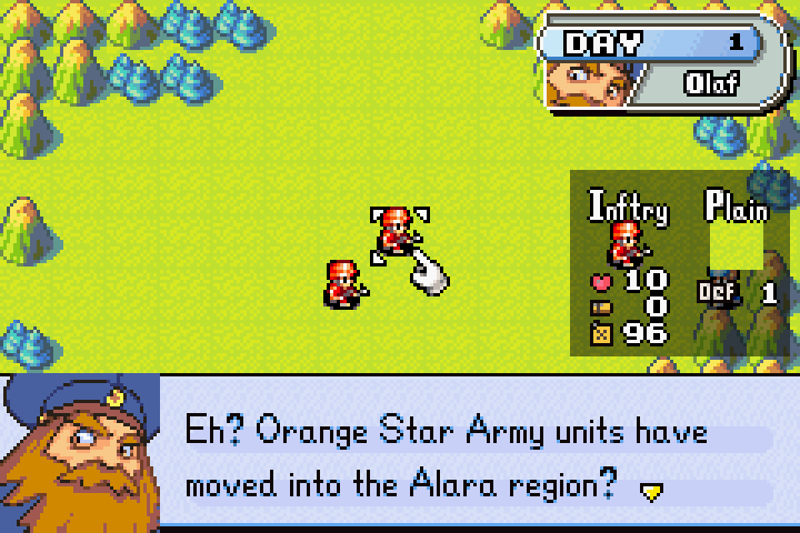 Olaf declaring his troops will make short work of the Orange Star forces