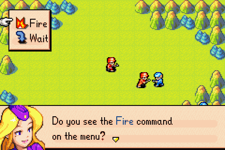 Command menu with the Fire option highlighted, ready to attack the enemy unit