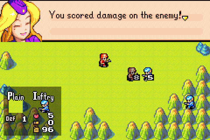 Post-combat HP display showing Orange Star infantry with higher HP than the now-damaged Blue Moon unit