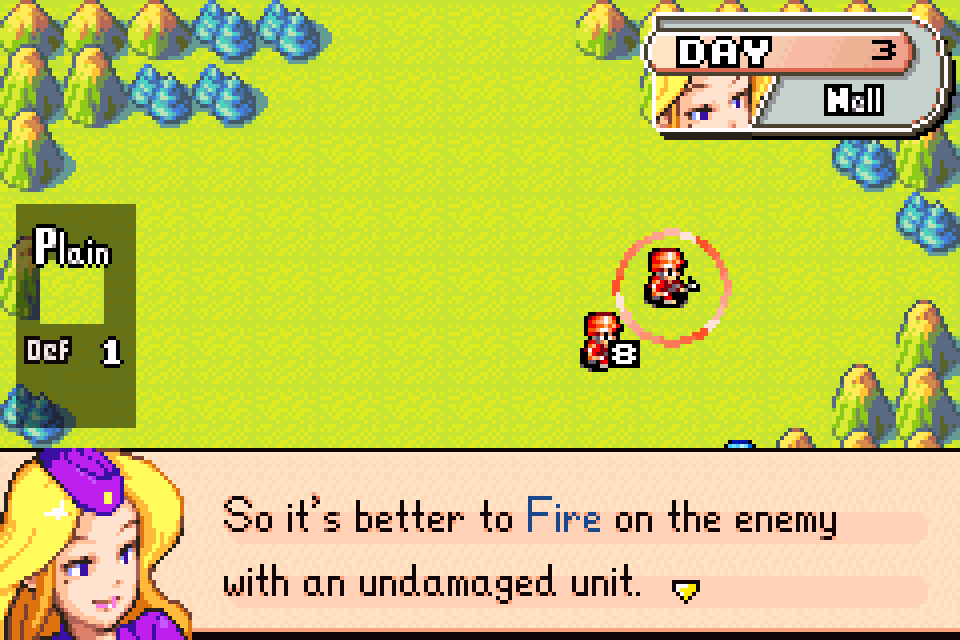 Nell directing the player to use the undamaged unit to maximize attack power