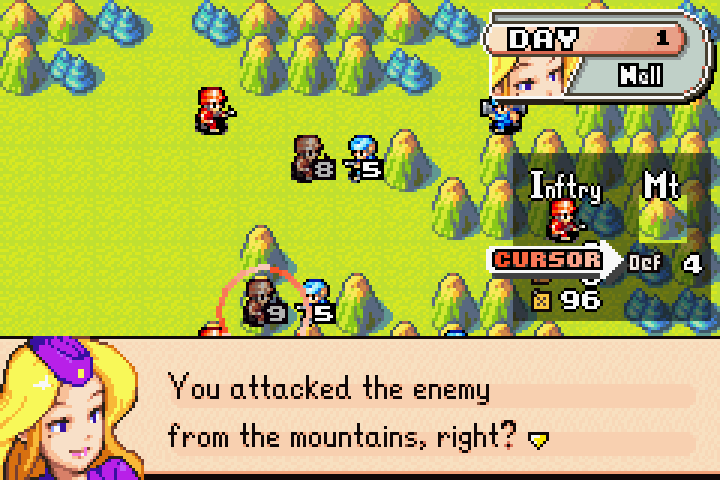Nell pointing to the defensive cover stat on mountain terrain — a rating of 4