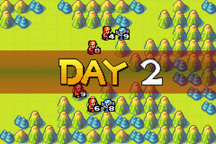 Day 2 map showing the aftermath of Olaf’s mech attacks on Orange Star infantry