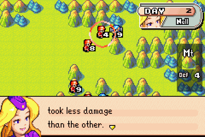 Nell explaining that superior defensive cover on mountains is why mech units deal reduced damage there