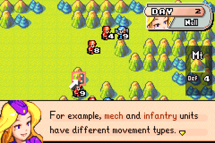 Movement cost table showing infantry costs 2 on mountains while mechs cost only 1 there