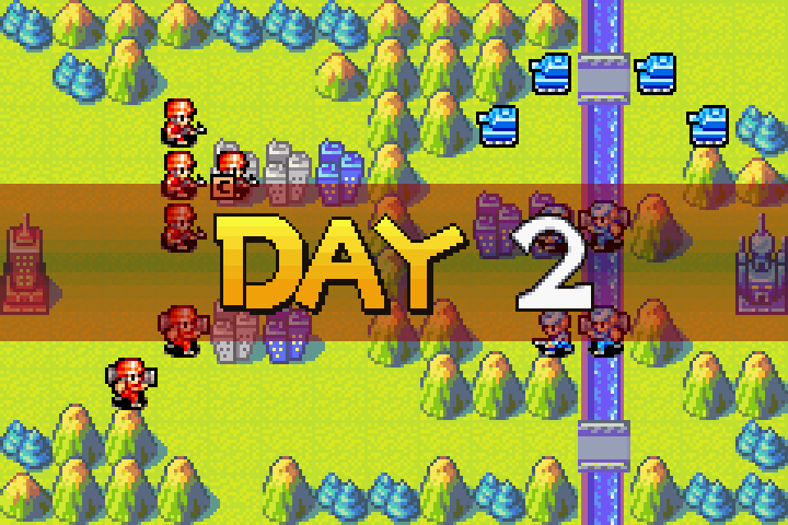 Day 2 map overview showing the current battlefield state as orange star’s turn begins