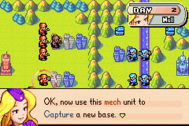 Nell directing the player to select a mech unit near two contested cities