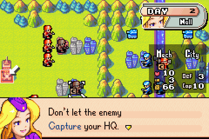 Nell warning that allowing the enemy to capture your HQ is an instant loss condition