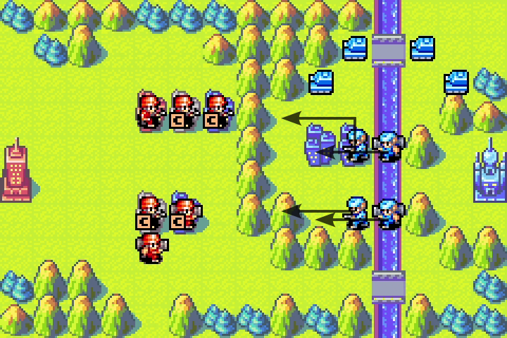 Olaf’s infantry advancing exactly as predicted toward Orange Star’s HQ