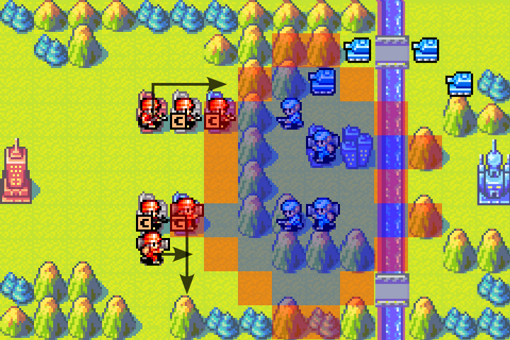 Day 3 planning diagram showing enemy movement range in blue and attack range in red — contact imminent