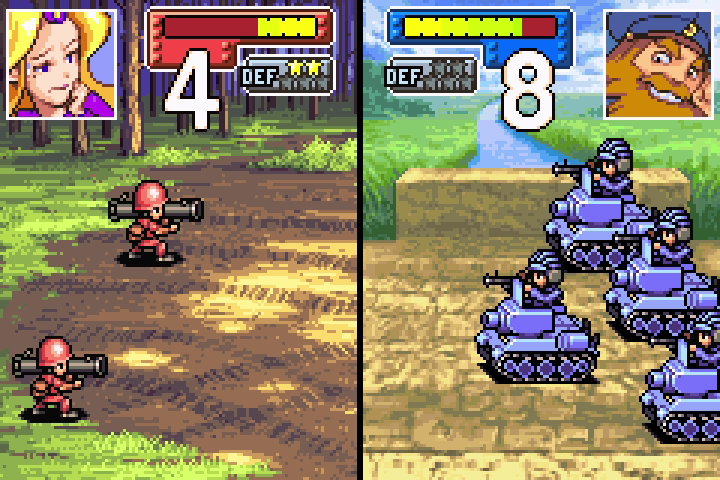 Combat animation as Olaf’s full-HP tank attacks the mech — tank easily outguns it