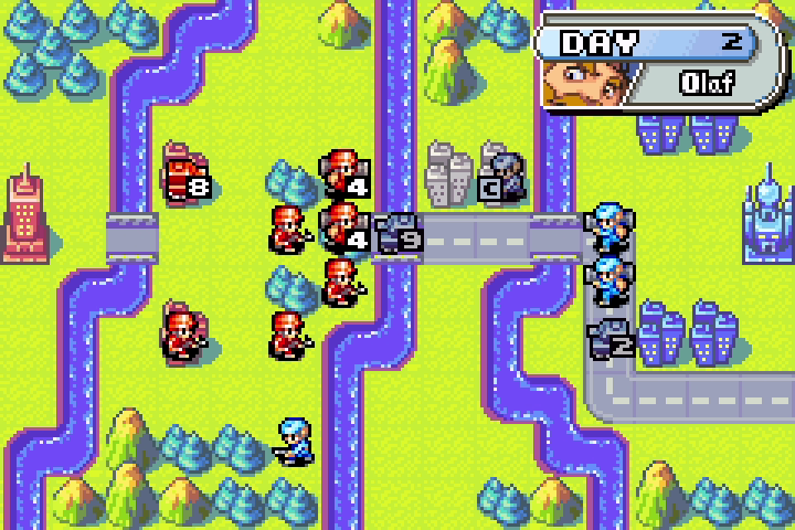 Olaf’s full-HP tank attacking the Orange Star mech — winning the trade but setting up a counterattack