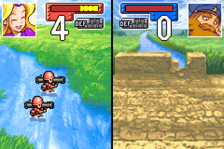 Orange Star tank and mech combined attack on Olaf’s tank, dealing heavy damage
