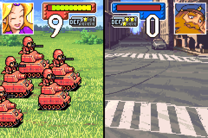 Orange Star tank fires on Olaf’s tank — the 9 HP tank is more than enough to win