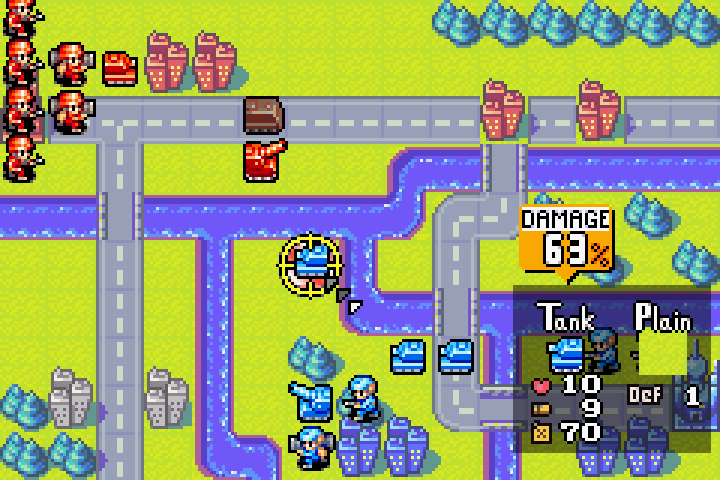 Artillery targeting the enemy tank on the other side of the river — demonstrating 2–3 tile indirect range