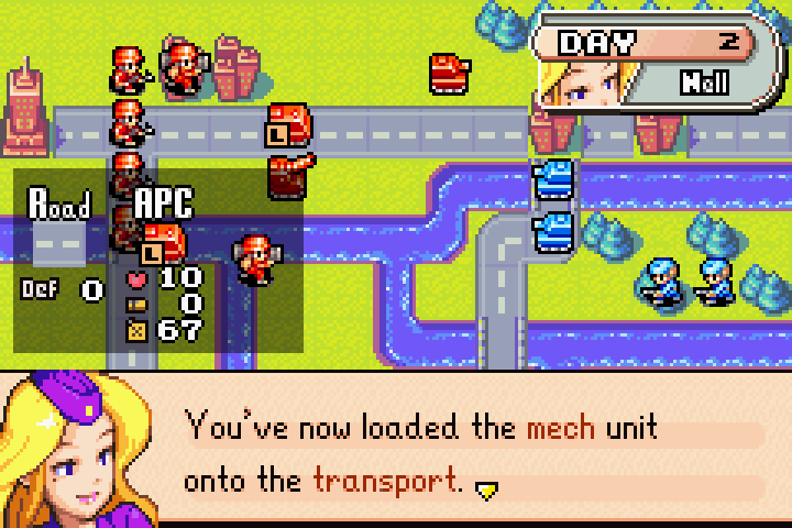Mech loaded into the APC — two units on the same tile, ready to move as one