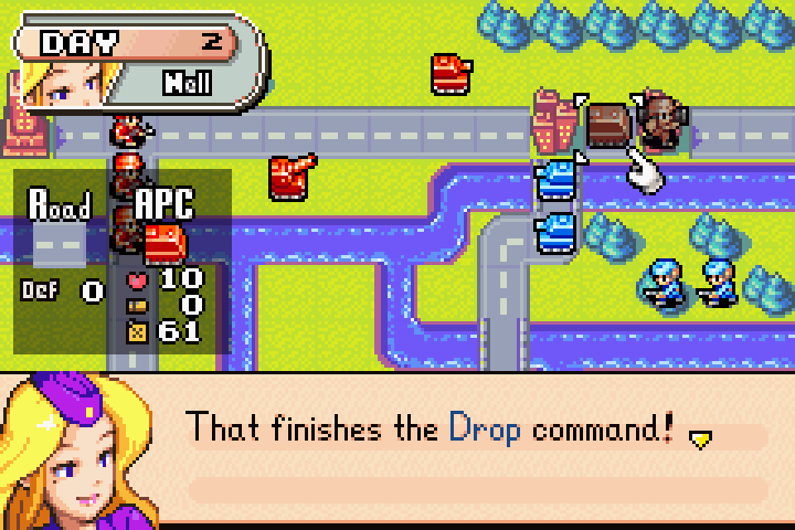 Mech unloaded on the city — both APC and mech cannot act further this turn after loading and dropping