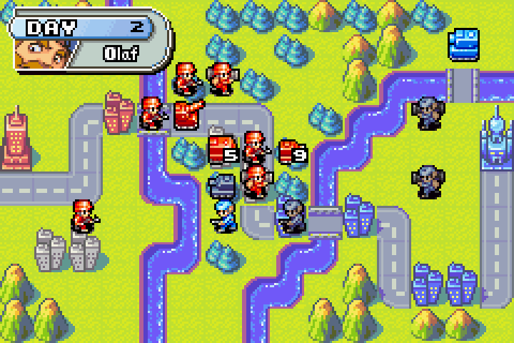 Olaf’s mech advances and his infantry captures a city by the bridge — potentially annoying with healing