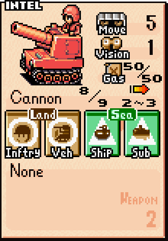 Artillery unit stats card showing cost, movement range, and indirect fire attack range of 2–3 tiles