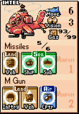 Battle copter stats card showing cost, movement range, and combat capabilities