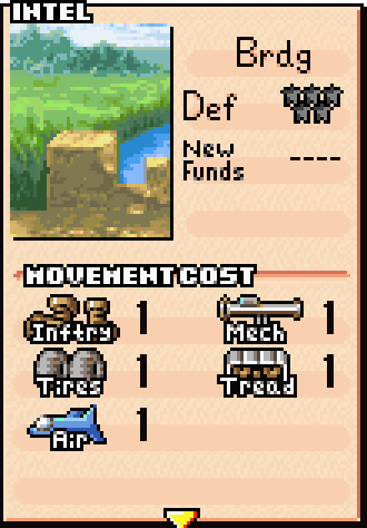 Bridge terrain stats card showing 1 movement cost and 0 defense stars
