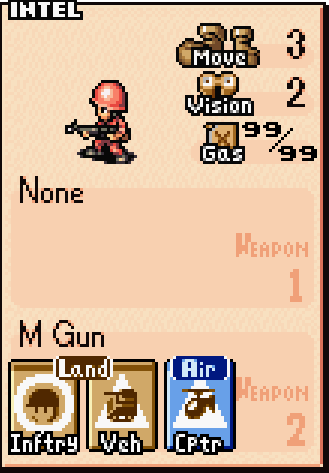 Infantry unit stats card showing cost, movement range, and combat capabilities