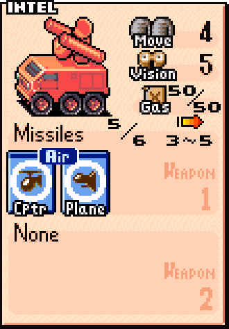 Missile unit stats card showing cost, movement range, and indirect fire attack range of 3–5 tiles
