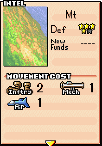 Mountain terrain stats card showing 4-star defense and movement cost of 2 for infantry