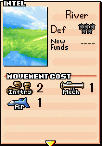 River terrain stats card showing zero defense bonus and high movement cost — worst terrain to fight on